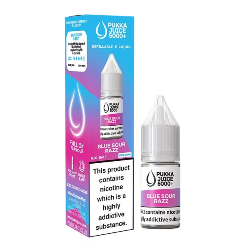  Blue Razz Sour / 10mg Pukka Juice 5000+ Nic Salts e liquids 10ml Box of 10